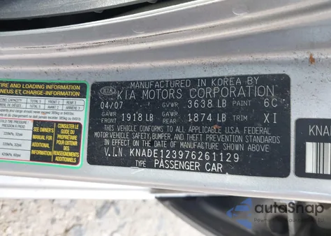 2007 Kia Rio Lx из США, поврежденный, VIN KNADE123976261129